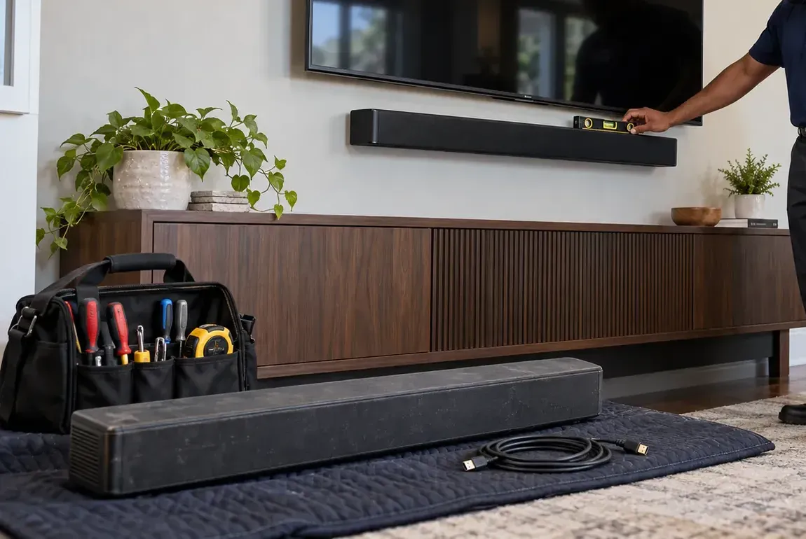 Tool bag and level check below a wall display — Suffolk video wall reference Suffolk County video wall installation reference photo: a tool bag and a loose speaker on a mat below a wall display being checked with a small level