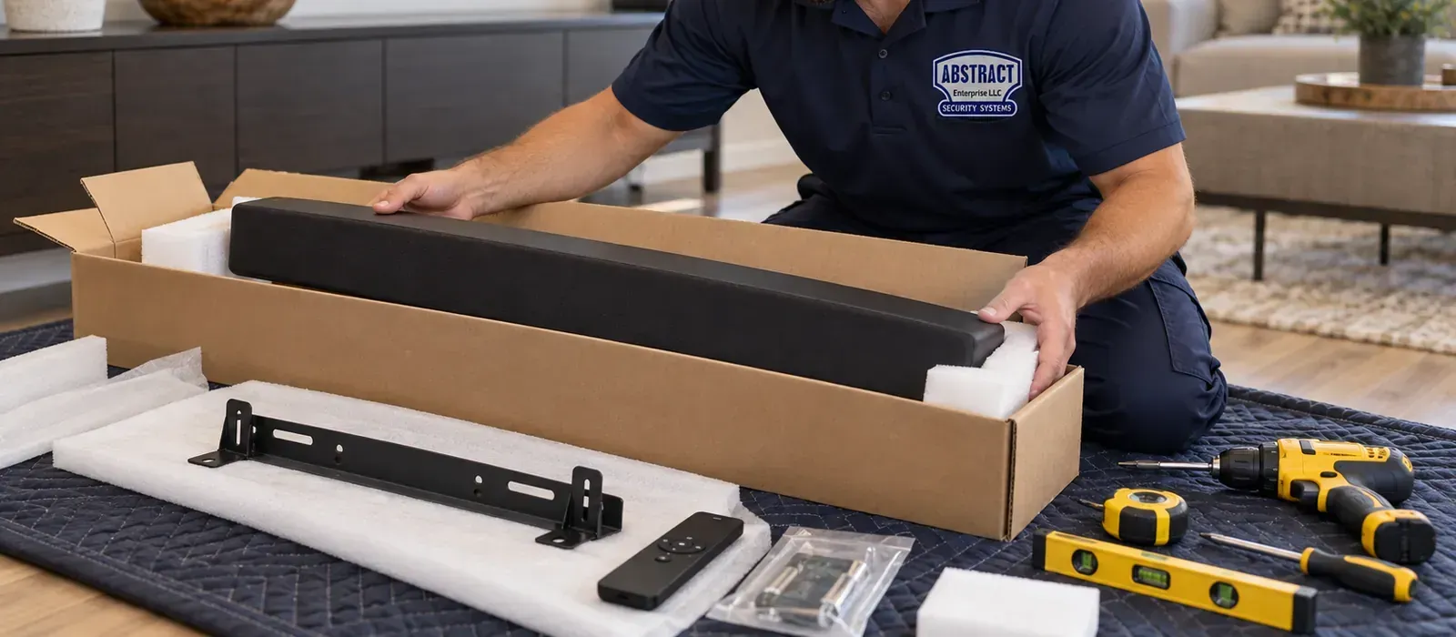 Unboxed mount hardware and tools — Suffolk video wall reference Suffolk County video wall installation reference photo: a technician lifts equipment from a box beside a wall bracket, remote, level and cordless drill on a mat
