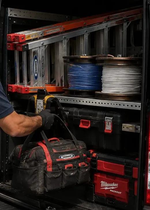 Service van shelving with cable reels, ladders and tool cases — Suffolk video wall reference Suffolk County video wall installation reference photo: inside of a service van with ladders, blue and white cable reels and tool cases on shelving