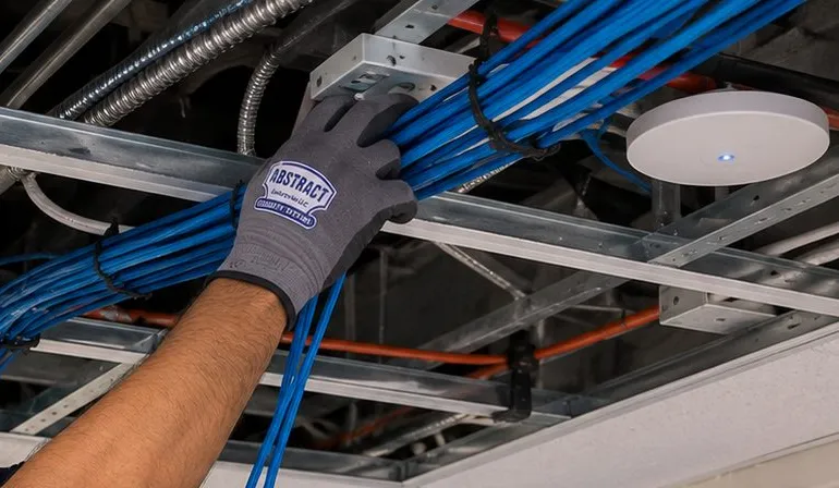 Cable bundle pulled across an open ceiling grid â Ulster County cable-path reference Ulster County video wall installation reference photo: a gloved hand pulls a bundle of blue cables across an open ceiling grid next to a round ceiling access point