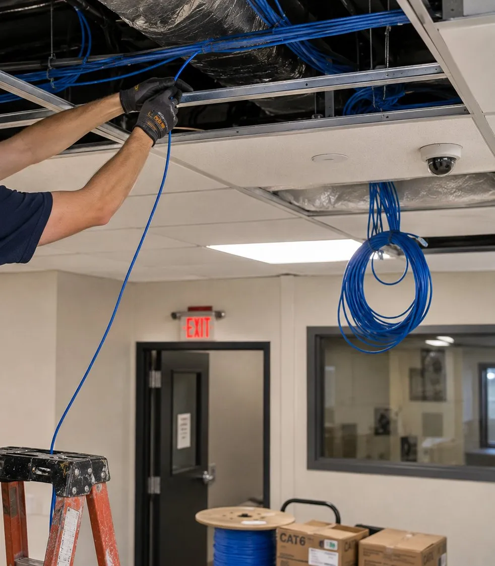 Cable coil hung from an open ceiling grid â Ulster County rough-in reference Ulster County video wall installation reference photo: a long blue cable is drawn down from an open ceiling grid while a spare coil hangs from the grid above an office doorway