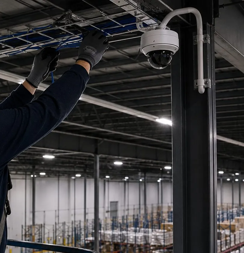 Dome camera and cable tray in a high bay â Ulster County large-building cabling reference Ulster County video wall installation reference photo: gloved hands work at an overhead wire cable tray beside a dome camera on a steel column in a high-bay warehouse