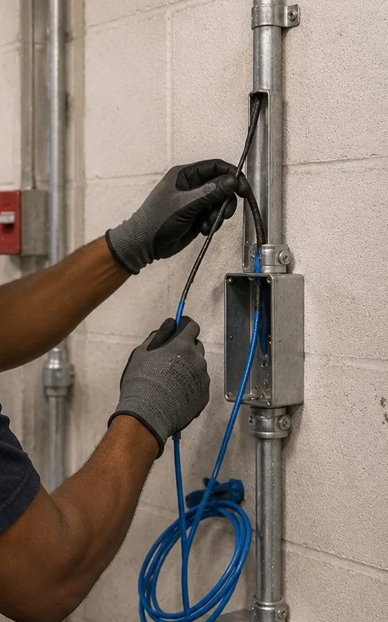 Gloved hands drawing cable from a surface conduit box â Ulster County retrofit wiring reference Ulster County video wall installation reference photo: gloved hands draw blue and black cable out of a metal box mounted on surface conduit against a painted block wall
