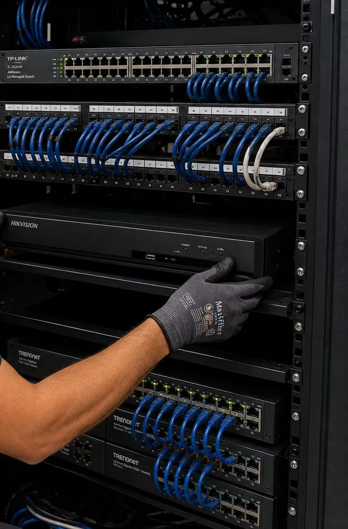 Hand seating a recorder in an equipment rack â Ulster County head-end reference Ulster County video wall installation reference photo: a gloved hand slides a black recorder into an equipment rack between patched network switches with blue cables