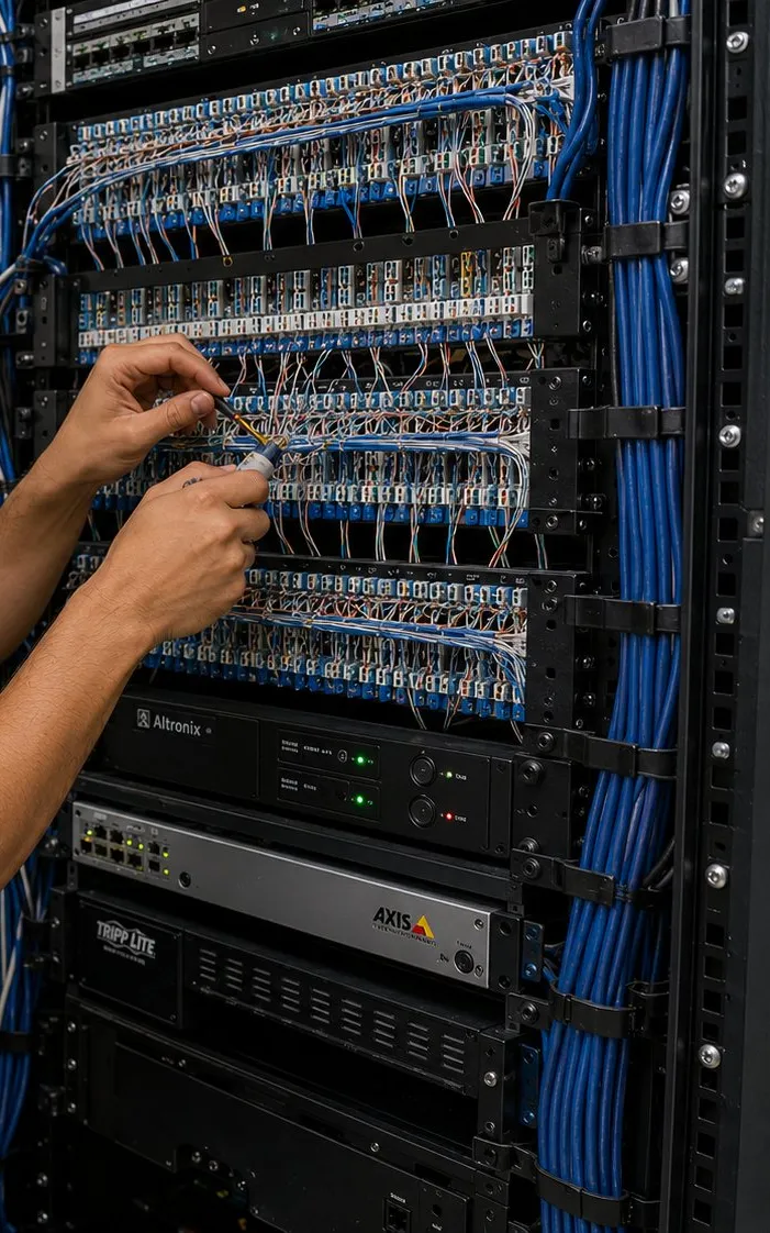 Hands terminating cables on rack patch panels â Ulster County head-end cabling reference Ulster County video wall installation reference photo: two hands terminate network cables on rows of rack patch panels above a power supply and switches