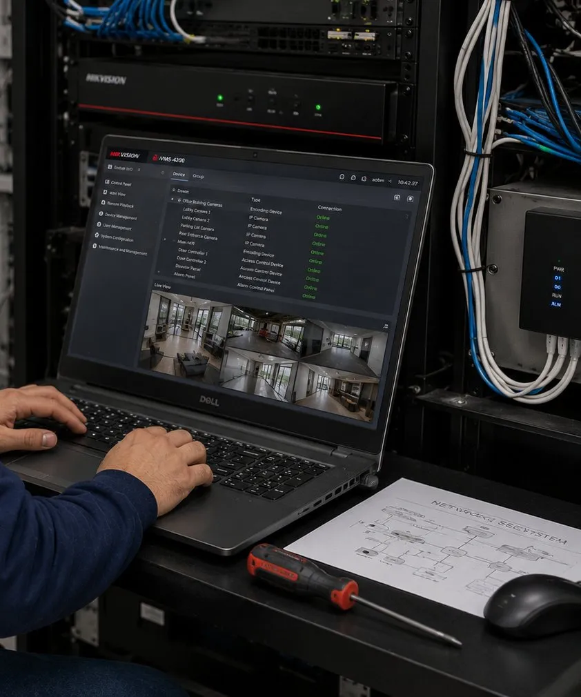 Laptop commissioning camera software beside a rack â Ulster County system setup reference Ulster County video wall installation reference photo: hands type on a laptop showing camera-management software on a rack shelf, with a recorder and patched switches above
