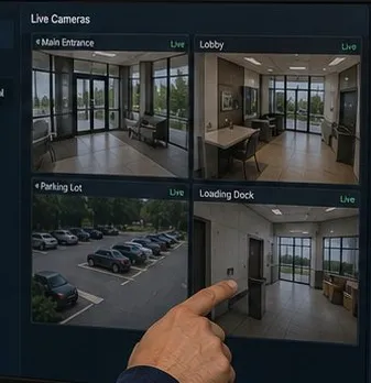 Monitor showing four live camera views â Ulster County multi-source display reference Ulster County video wall installation reference photo: a flat-panel monitor showing four live camera views labelled main entrance, lobby, parking lot and loading dock, with a finger pointing at one view