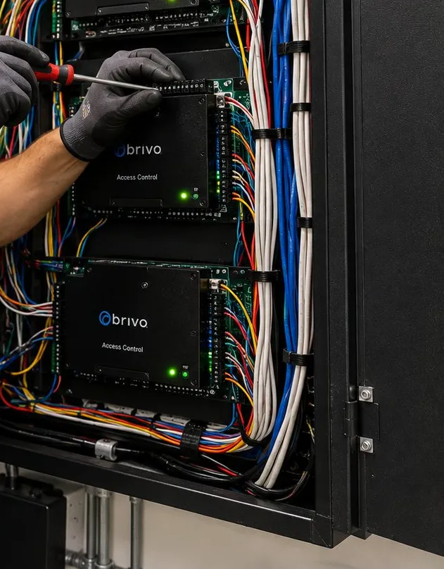 Screwdriver on controller boards in a wiring cabinet â Ulster County control wiring reference Ulster County video wall installation reference photo: gloved hands use a screwdriver on one of two controller boards inside a wall-mounted wiring cabinet full of coloured cables