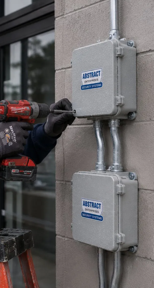 Weatherproof boxes on conduit at a block wall â Ulster County exterior cable-entry reference Ulster County video wall installation reference photo: two grey weatherproof boxes joined by metal conduit on an exterior block wall, with a gloved hand and cordless drill at the upper box