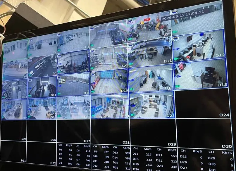 Camera tiles and bitrate table on one screen — Westchester multi-source display reference Westchester County video wall reference photo: a monitor screen divided into camera tiles numbered D1 to D24 with a date stamp and a channel bitrate table across the bottom
