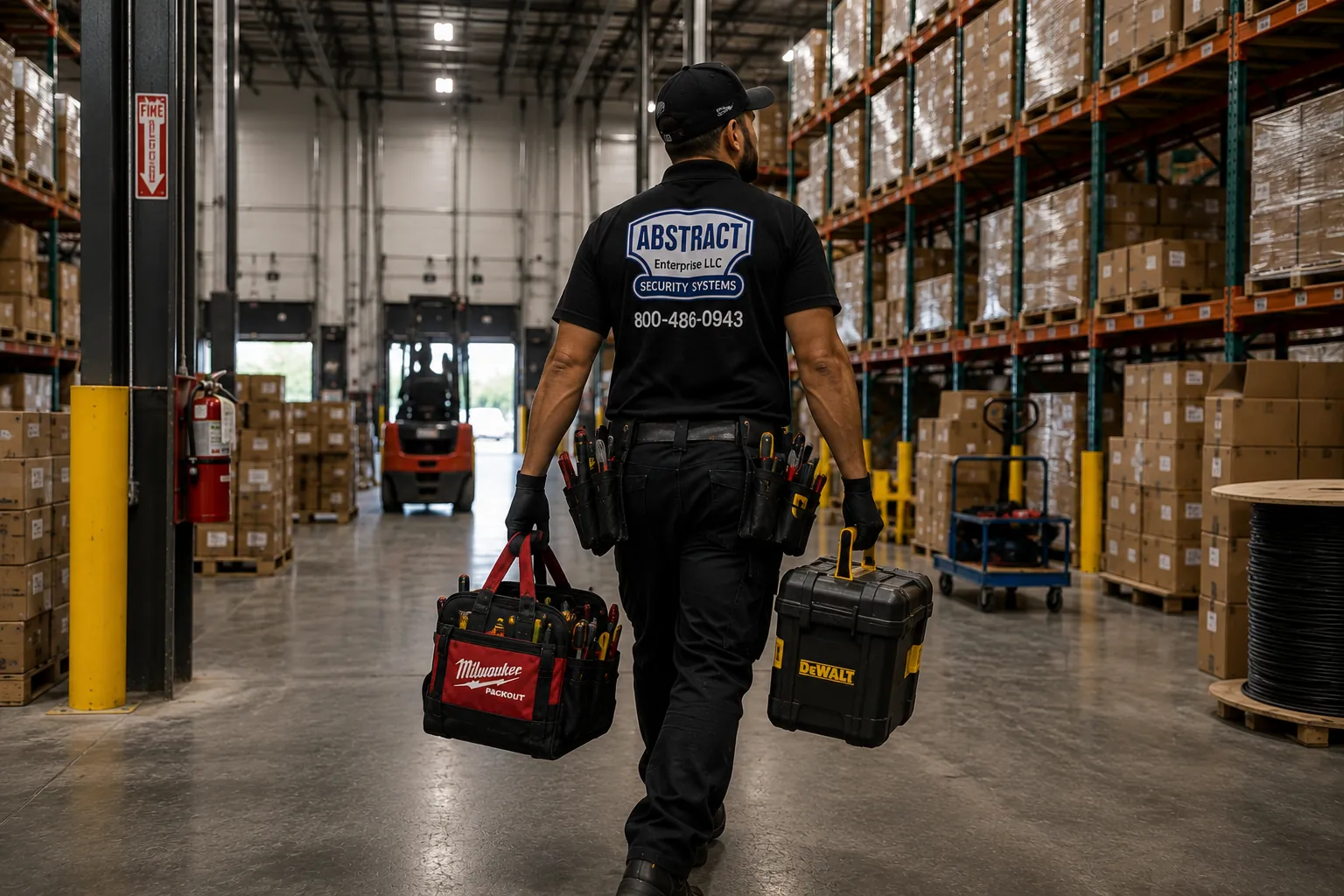 Warehouse alarm system installation tools heading down the rack aisle in Queens, NY