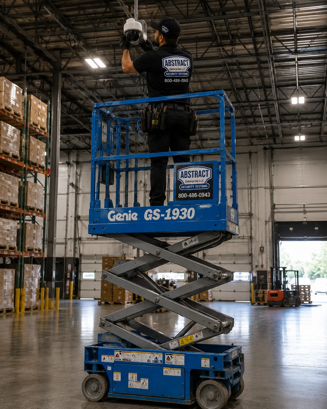 Warehouse CCTV installation from a scissor lift under high-bay ceilings in Queens, NY