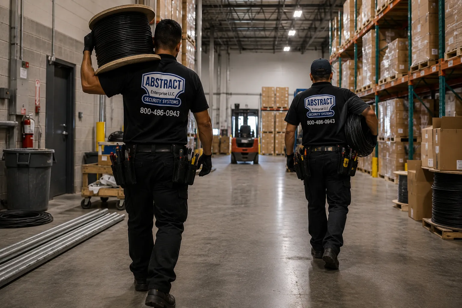 Warehouse CCTV system installation crew carrying cable runs through the racks in Brooklyn, NY