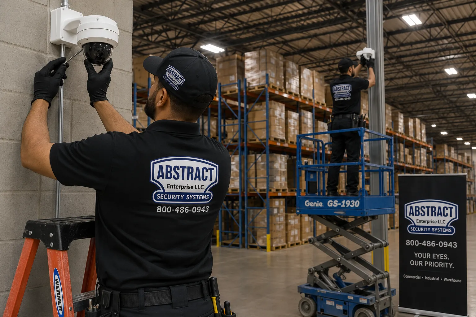 Warehouse security camera installation crew mounting 4K dome cameras in New York City