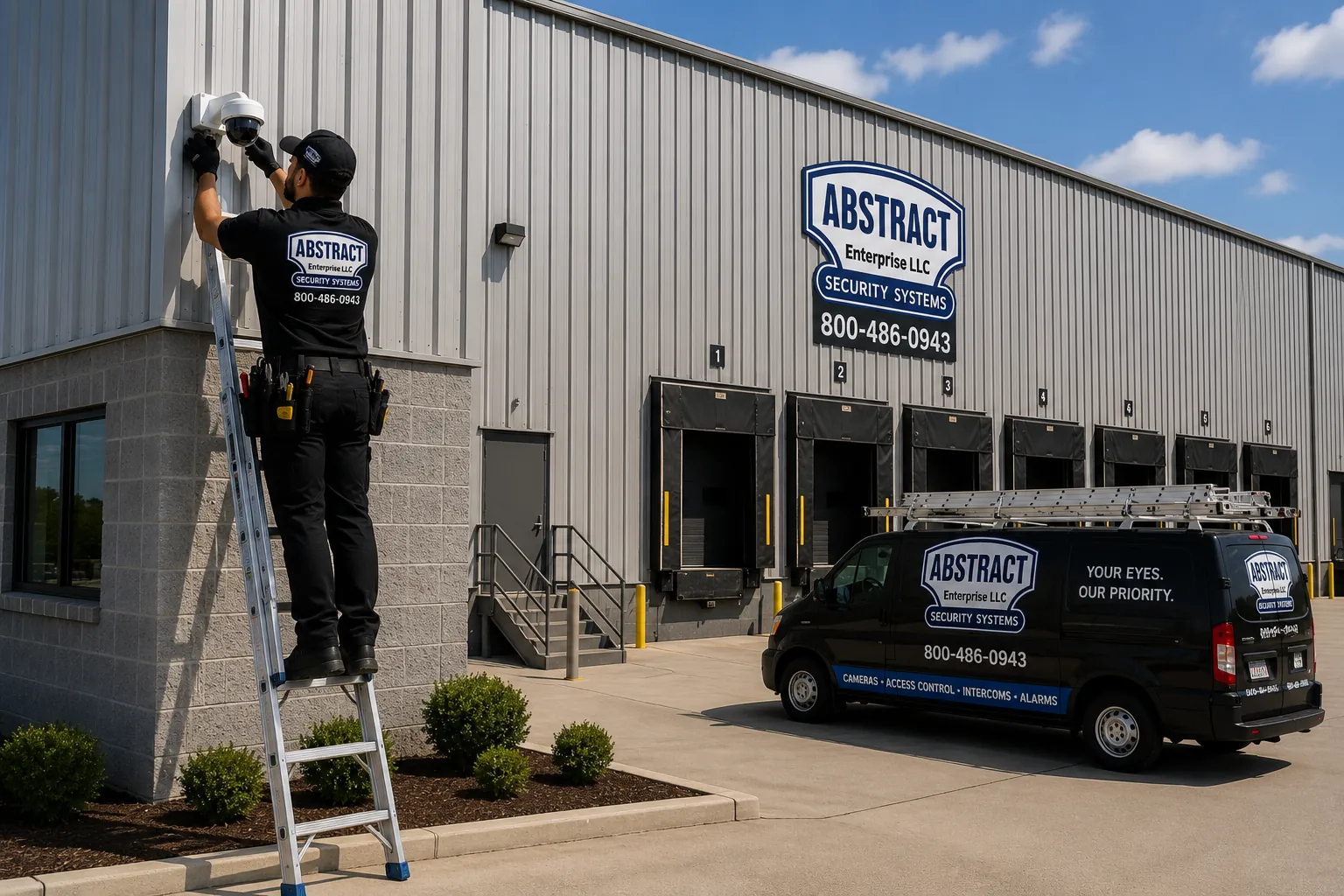Warehouse security system company on site with service van in New York City