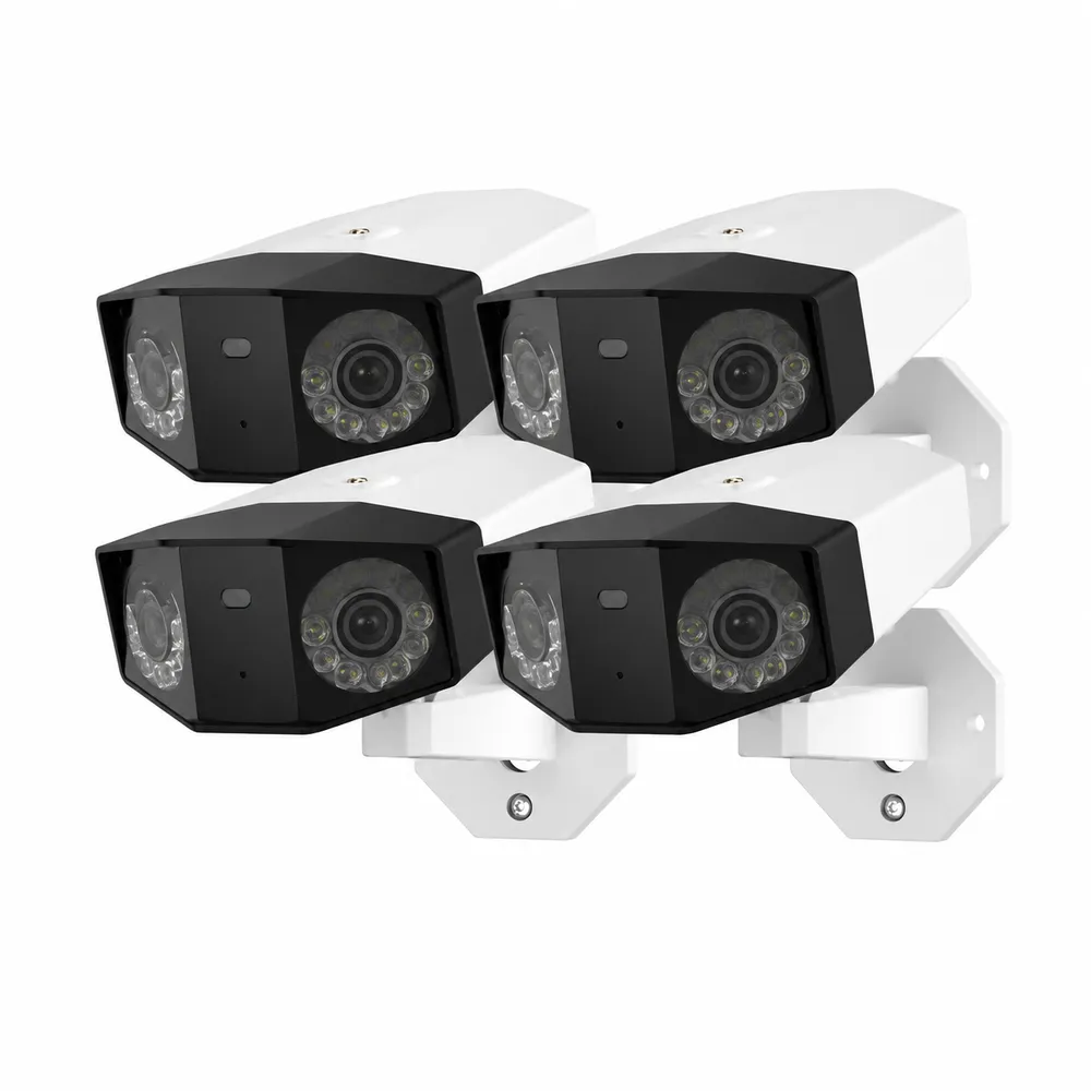 Wireless camera installation NYC: product photo of four white bullet cameras with black dual-lens faces and small lights, each on a white wall bracket