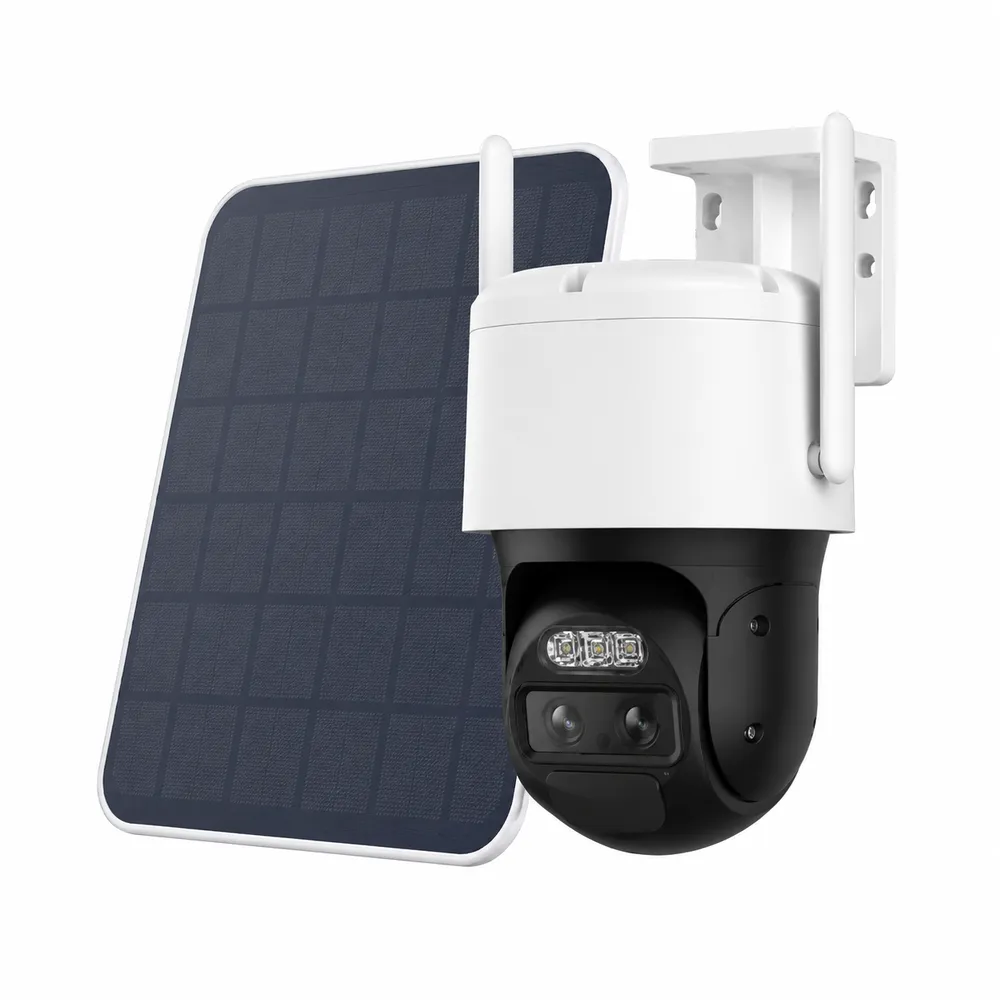 Wireless camera installation NYC: product photo of a dark solar panel on a white mounting arm beside a white pan-tilt camera with two antennas and a black lens face
