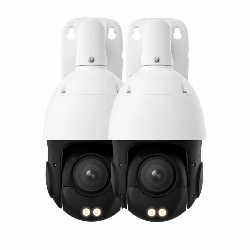 Wireless camera installation NYC: product photo of two white pan-tilt dome cameras side by side on wall arms, each with a black lens window and two warm white lights